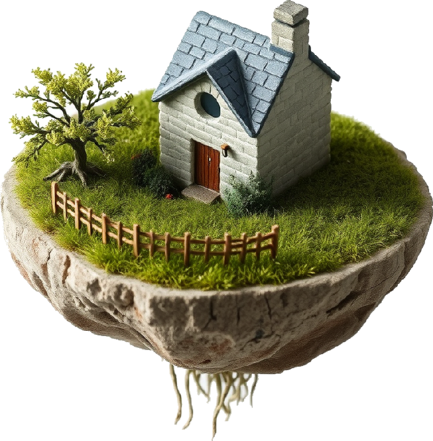 A miniature island holding a small stone cottage — your business at the centre of everything Clevyo builds.
